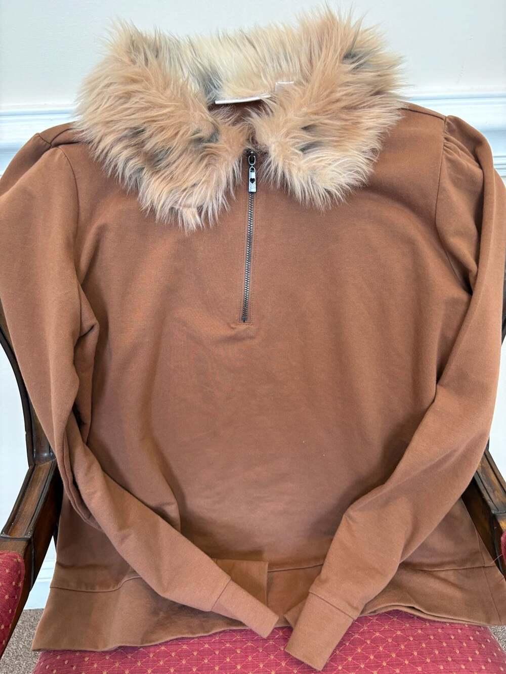 Belle by Kim Gravel Faux Fur Half Zip Sweatshirt Medium Brown